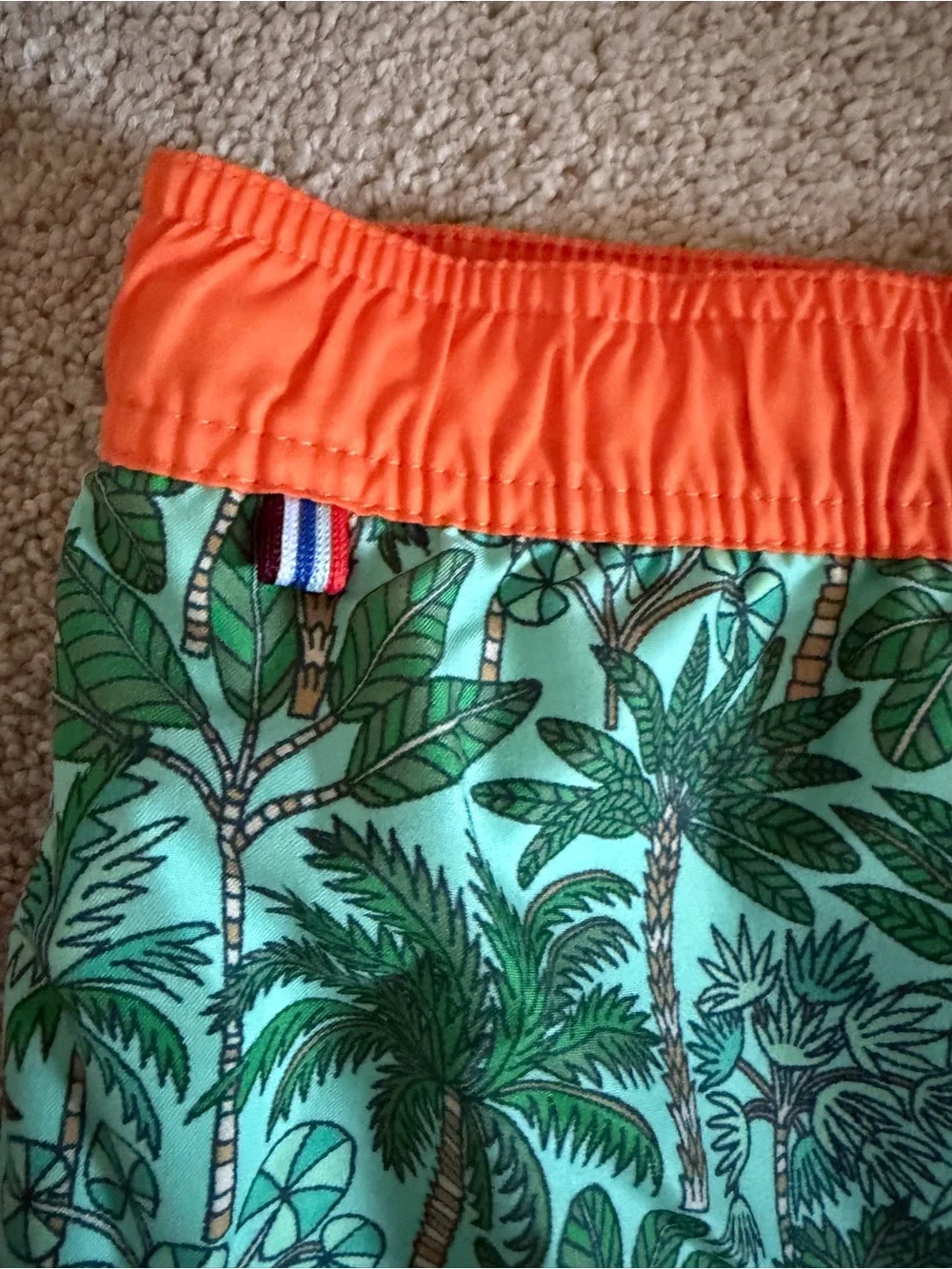 Boden Green Tropical Print Swim Trunks with Orange Waistband